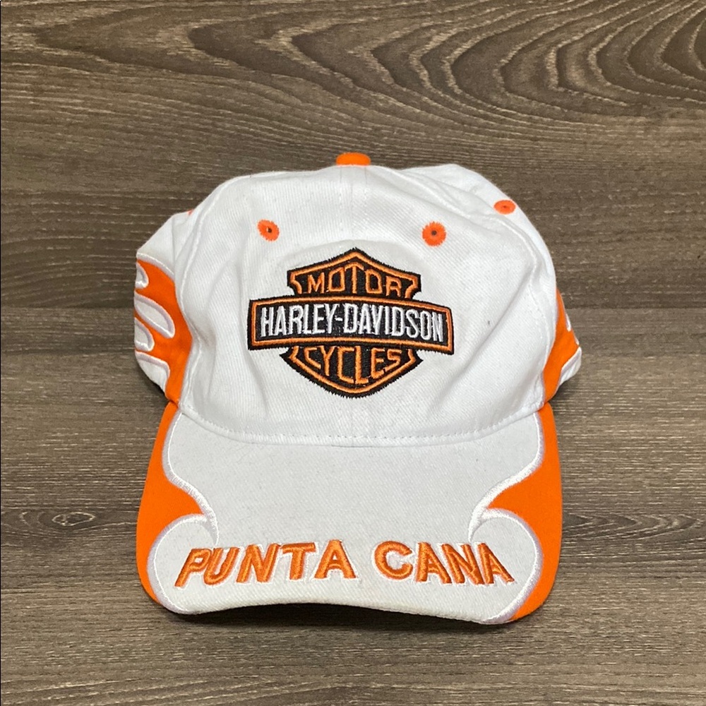 Harley Davidson Punta Cana Adjustable Hat Cap White Orange Embroidered HD Flames